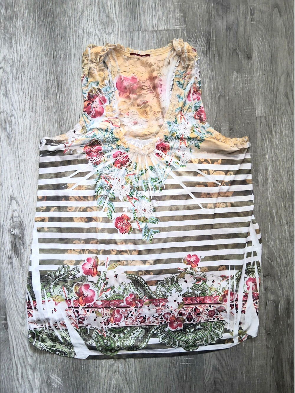 Aratta Silent Journey Womens M, Floral Lace Mixed Print Striped Tunic Tank Top